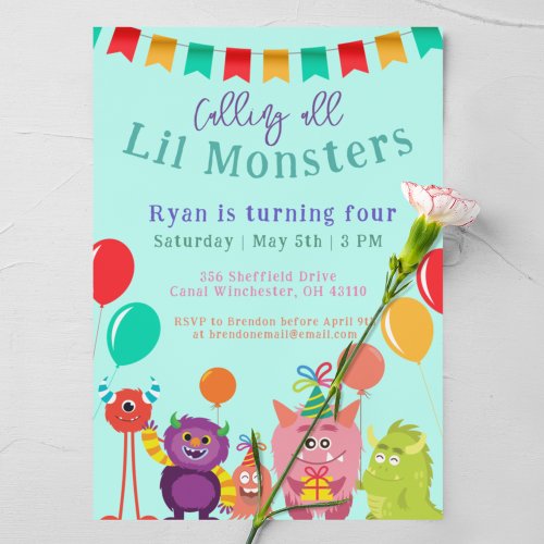 Cute lil Monster Cartoon Blue Birthday Party Invitation