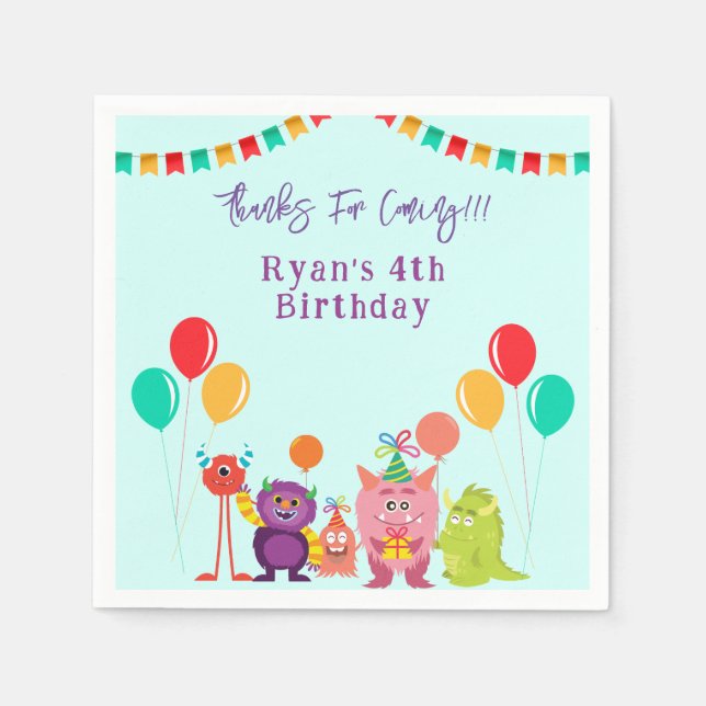 Cute lil monster cartoon fun birthday party napkins (Front)