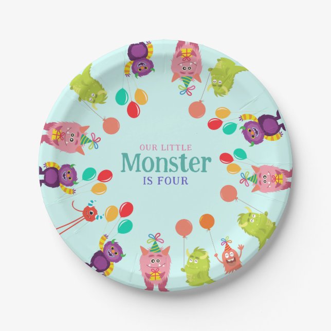 Cute lil monster cartoon fun birthday party  paper plates (Front)