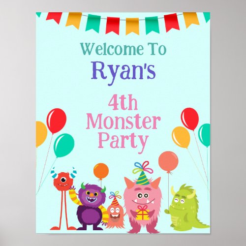 Cute lil monster cartoon fun birthday party poster