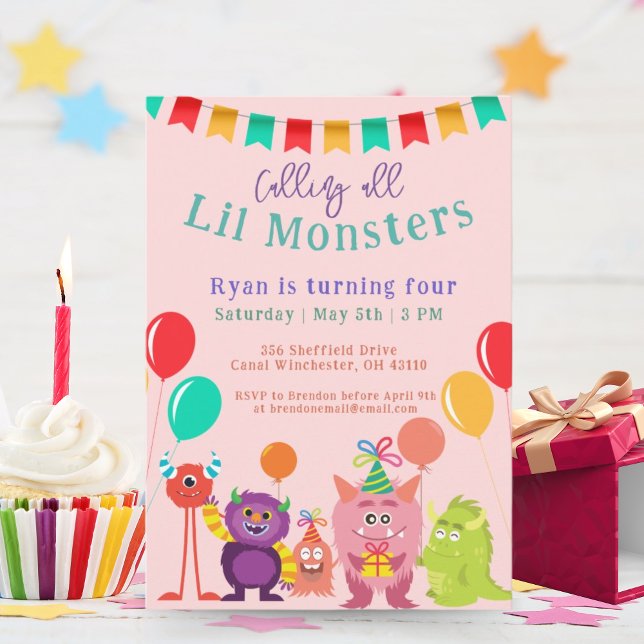 Cute lil Monster Cartoon Pink Birthday Party Invitation (Creator Uploaded)