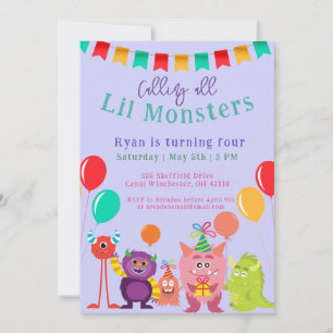 Cute lil Monster Cartoon Violet Birthday Party Invitation