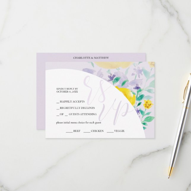 Cute Lilac Blue Green Floral Watercolor RSVP Card (Front/Back In Situ)