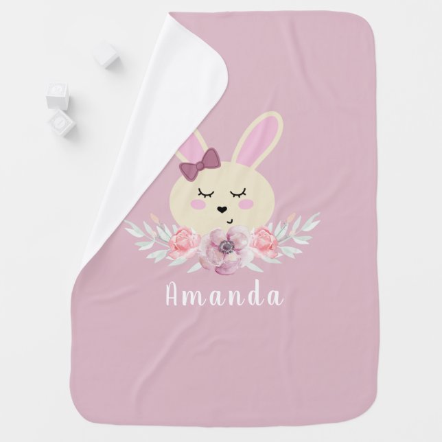 Cute Lilac Bunny Rabbit Personalized Baby Blanket (In Situ)