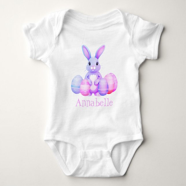 Cute Lilac Bunny With Pastel Pink Easter Eggs Name Baby Bodysuit (Front)