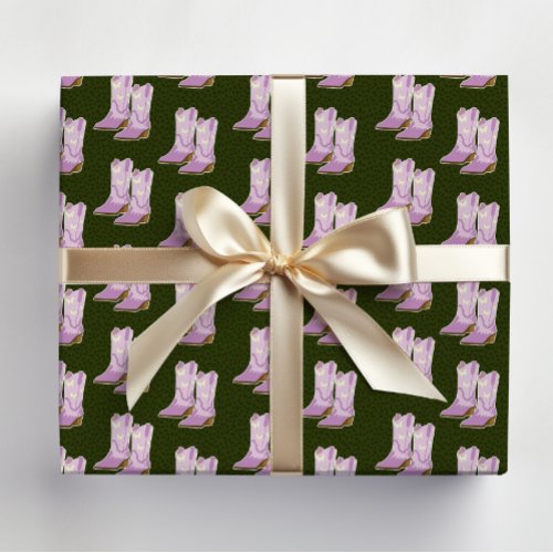 Cute Lilac Cowgirl boots Dark green Christmas Wrapping Paper Sheets