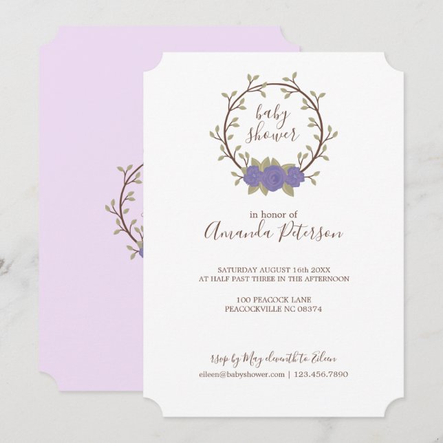 Cute Lilac Floral Wreath Baby Shower Invitation (Front/Back)