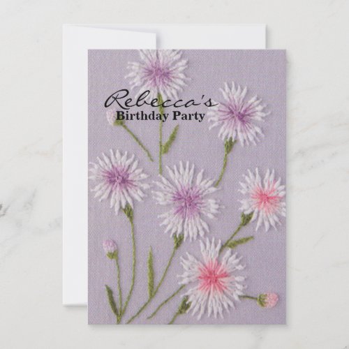 cute lilac purple embroidery floral white daisy invitation