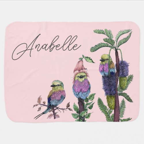 Cute Lilac Purple Watercolor African Bird Pattern Baby Blanket