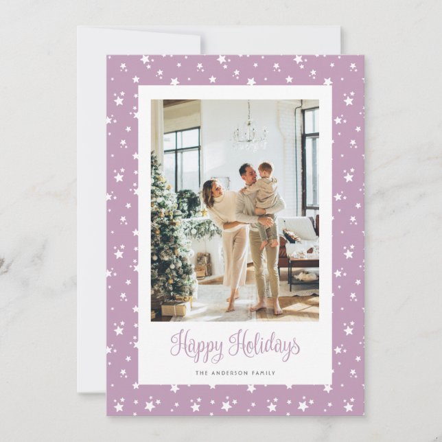 Cute Lilac Starry Photo Happy Holidays Card (Front)