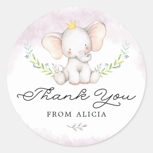 Cute Lilac Watercolor Baby Elephant Thank You Classic Round Sticker