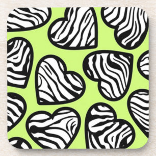 Cute lime green black white zebra pattern heart beverage coaster