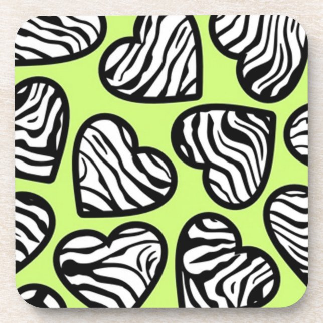 Cute lime green black white zebra pattern heart beverage coaster (Front)