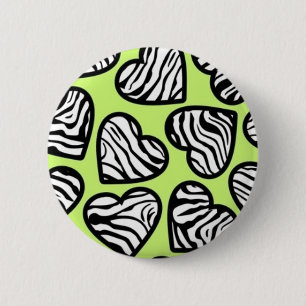 Cute lime green black white zebra pattern heart button