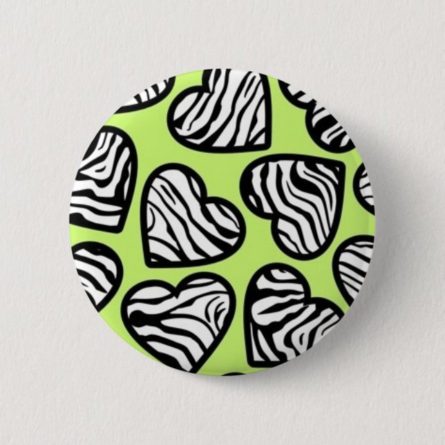 Cute lime green black white zebra pattern heart button (Front)