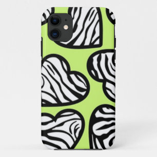 Cute lime green black white zebra pattern heart iPhone 11 case