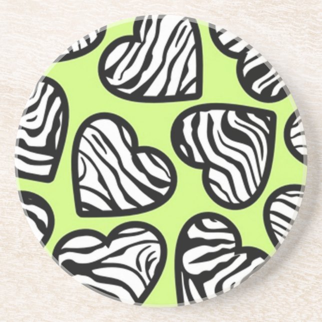 Cute lime green black white zebra pattern heart coaster (Front)