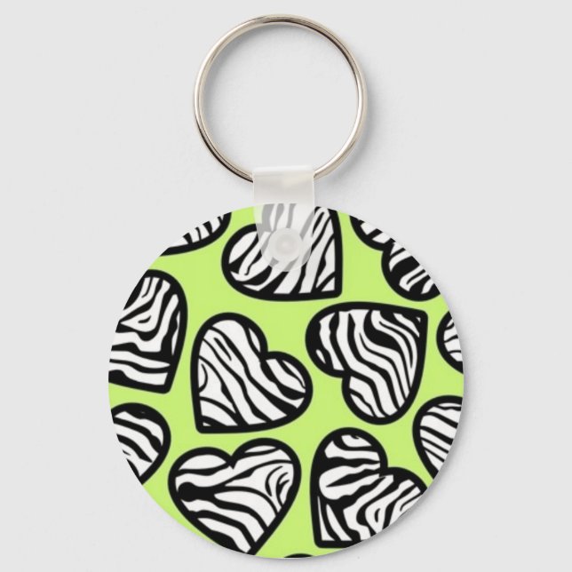Cute lime green black white zebra pattern heart keychain (Front)
