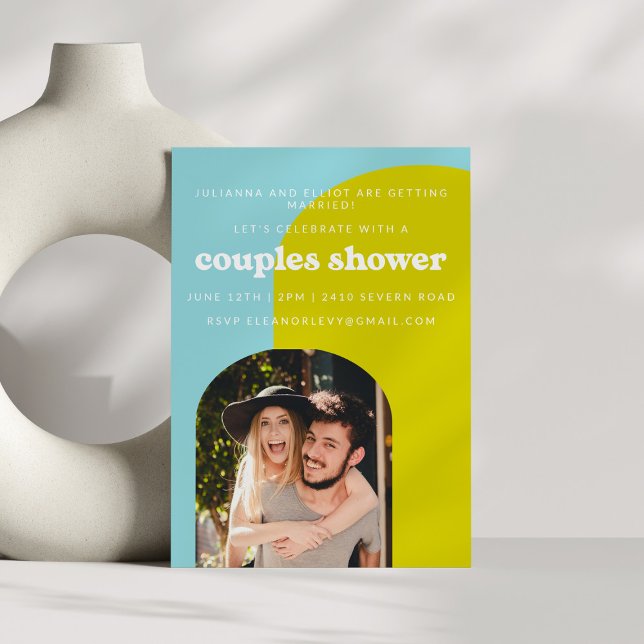 Cute Lime Light Blue Retro Photo Couples Shower Invitation (Creator Uploaded)
