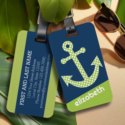 Cute Lime Polka Dot Anchor with Navy Custom Name Luggage Tag