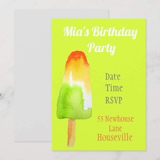 Cute lime popsicle ice-block Summer girl Party Invitation (Front/Back)