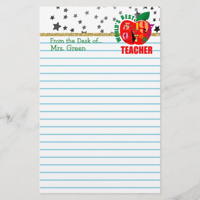 Cute Lined School Paper | World's Best Teacher (Front)