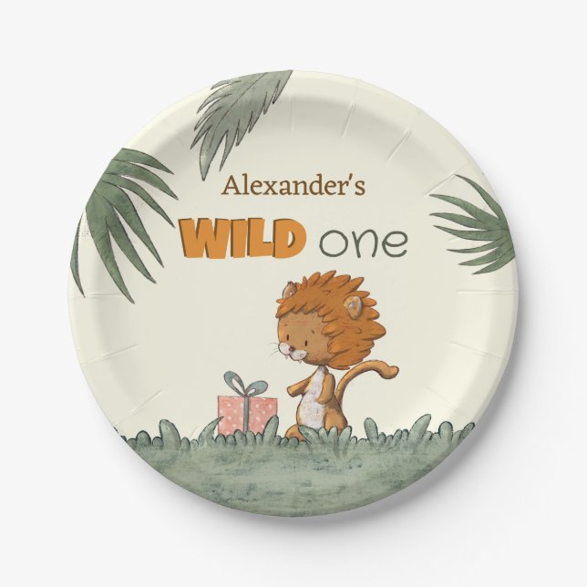 Cute Lion 1st Birthday Party Paper Plates (Front)