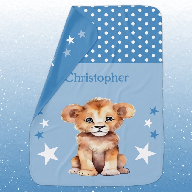 Cute lion add name polka dots stars blue baby blanket (Creator Uploaded)