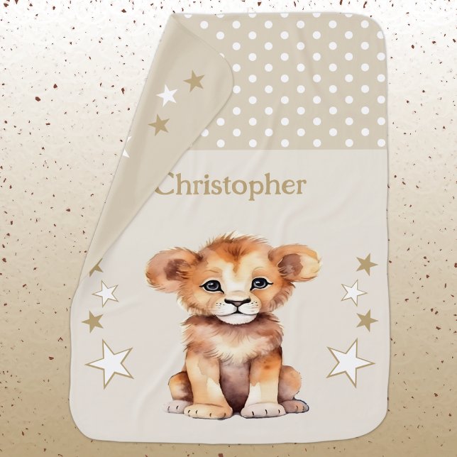 Cute lion add name polka dots stars brown baby blanket (Creator Uploaded)