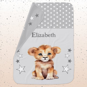 Cute lion add name polka dots stars grey baby blanket
