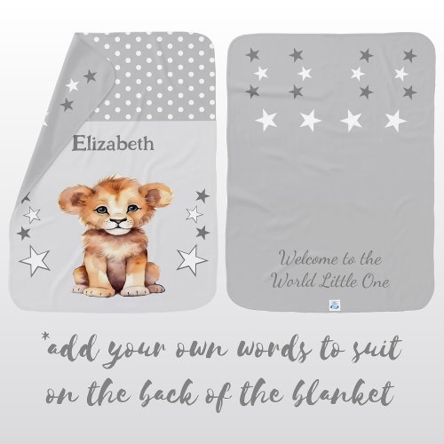 Cute lion add name polka dots stars grey baby blanket