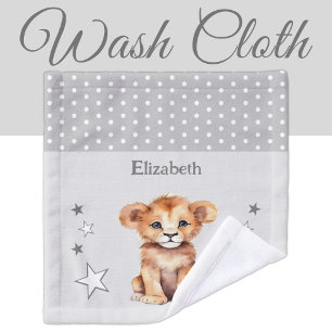 Cute lion add name polka dots stars grey wash cloth