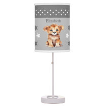 Cute lion add name stars grey table lamp
