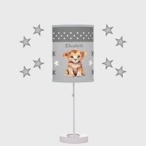 Cute lion add name stars grey table lamp