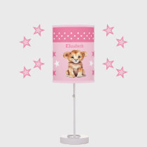 Cute lion add name stars pink table lamp