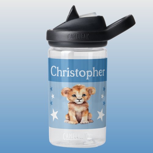 Cute lion add name with stars kids blue water bottle