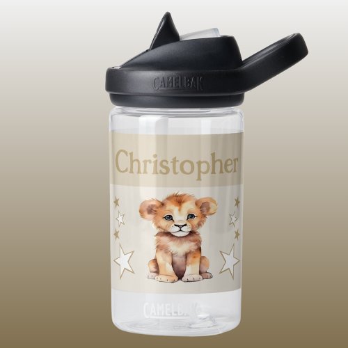 Cute lion add name with stars kids brown water bottle