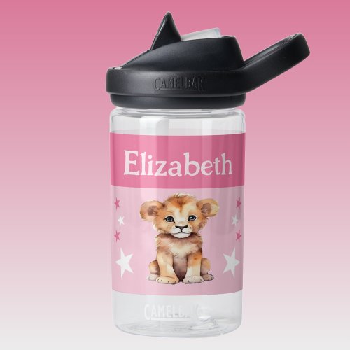 Cute lion add name with stars kids pink water bottle