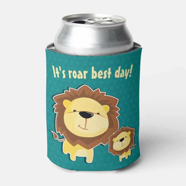 Cute Lion And Baby Cub Kids Birthday Can Cooler (Can Front)
