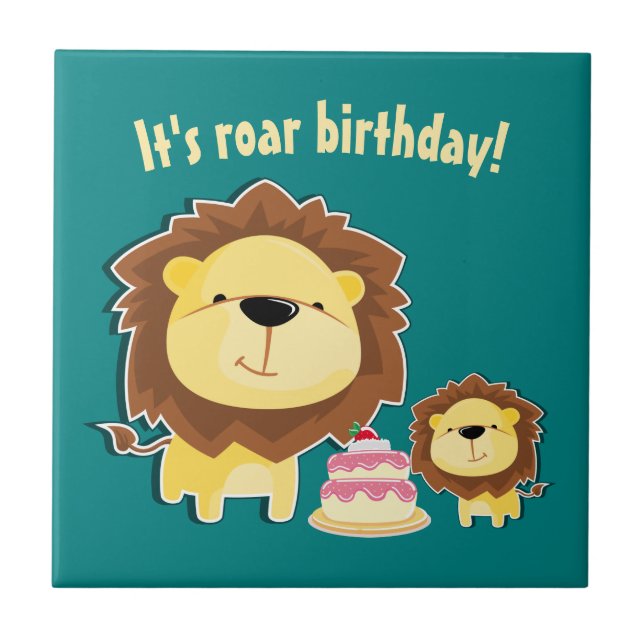 Cute Lion And Baby Cub Kids Birthday Ceramic Tile (Front)