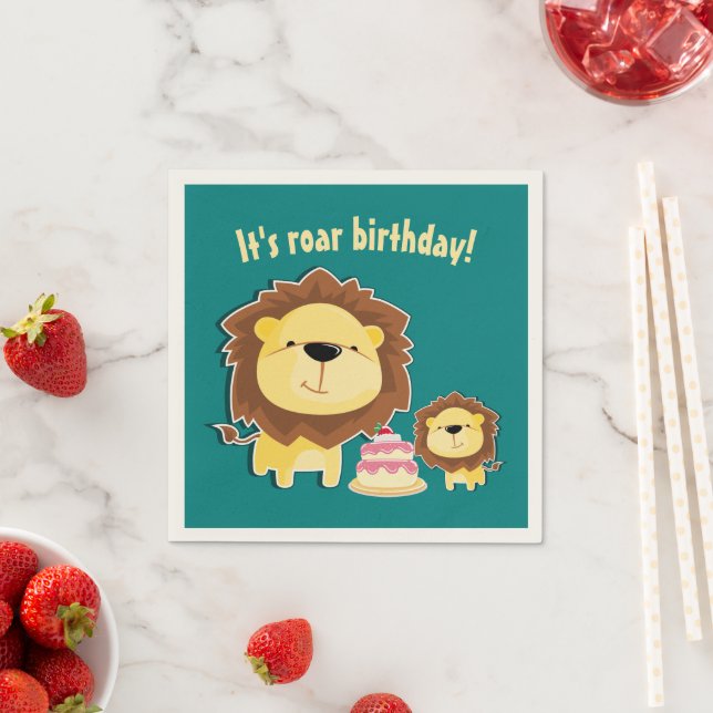 Cute Lion And Baby Cub Kids Birthday Napkins (Insitu)