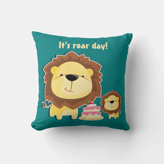 Cute Lion And Baby Cub Kids Birthday Throw Pillow (Front)