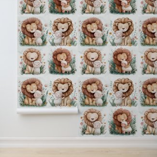 Cute Lion And Lamb For Nursery Wall Paper Design 