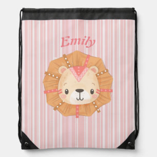Cute Lion and Monogram on Pink Candy Striped Drawstring Bag
