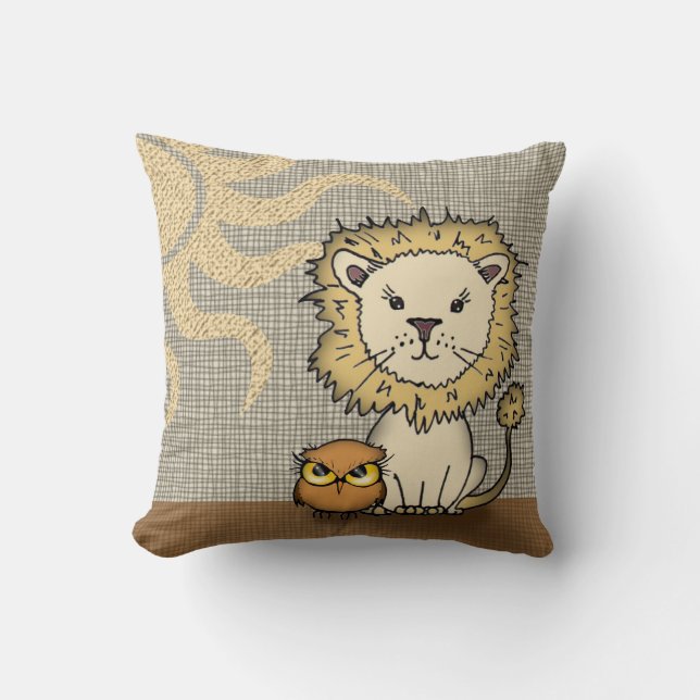 Cute Lion and Owl Throw Pillow for Boy or Girl (Front)