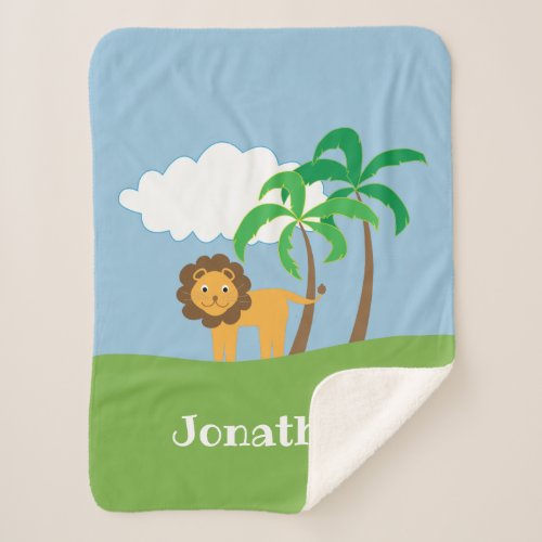 Cute Lion and Palm Trees Baby Boy Sherpa Blanket