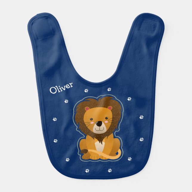 Cute Lion and Pawprints Personalized Baby Bib (Front)