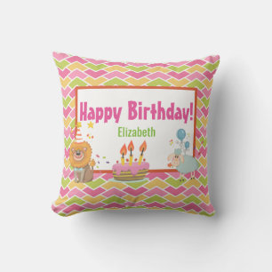 Cute Lion and Sheep Personalized Happy Birthday Throw Pillow