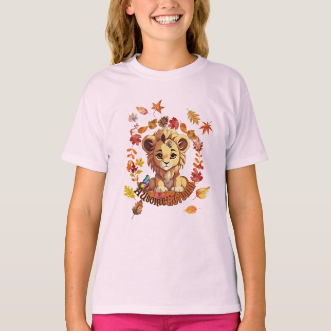 Cute Lion “Ausome Autumn” Design – Fall Autism  T-Shirt (Front)