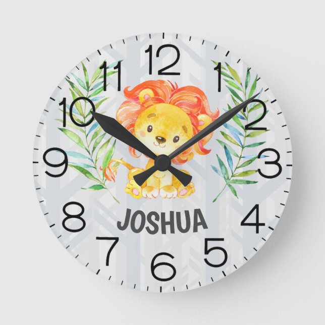 Cute Lion Baby Boy Nursery Jungle Safari Round Clock (Front)